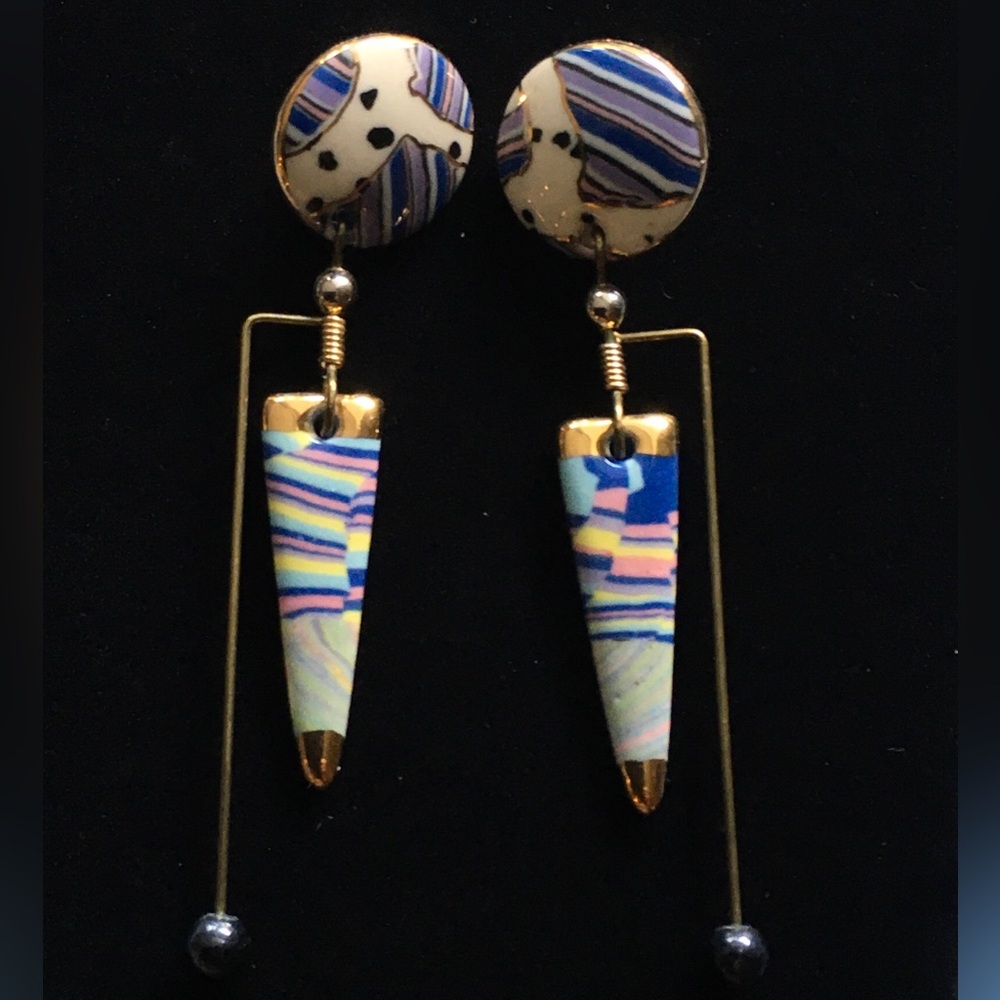 Vintage 80’s Artisan Crafted Porcelain and Gold Multi Shape Dangle Earrings